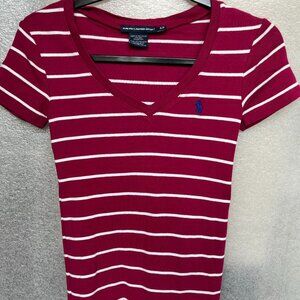 Ralph Lauren Sport Burgundy/white Stripped V-neck Short sleeve T-shirt Size S/P